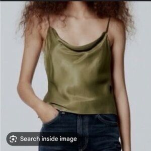 NWOT Zara Satin Cowl Neck Cami S | Olive Green Silky Crop Top Adjustable Straps